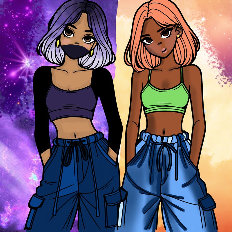 two girls with crop top with baggy pants