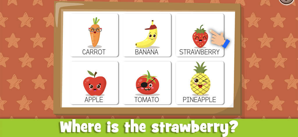 Pantalla de juego educativo para niños pequeños pidiendo identificar una fresa entre varias frutas y verduras de dibujos animados.