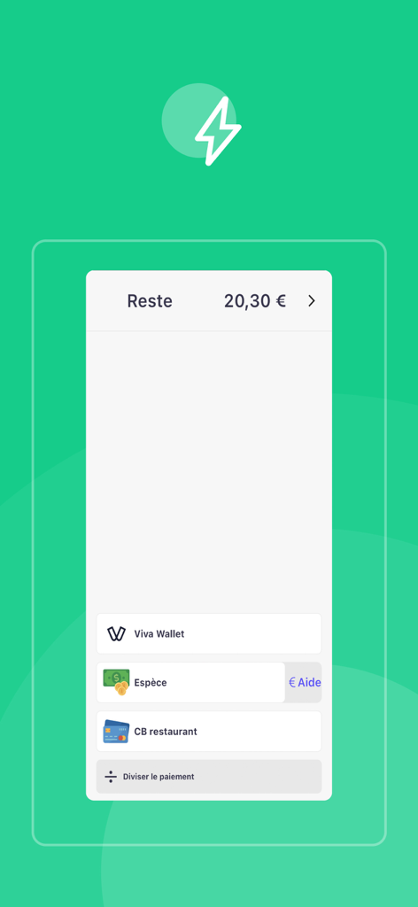 Écran de paiement Shopcaisse Pad affichant les options pour Viva Wallet, carte de débit et paiements partagés