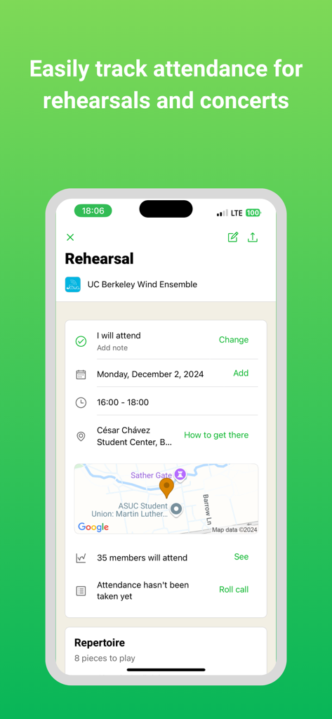 Glissandoo - Glissandoo app screen displaying rehearsal details including time, location map, and attendance tracking for a musical ensemble.