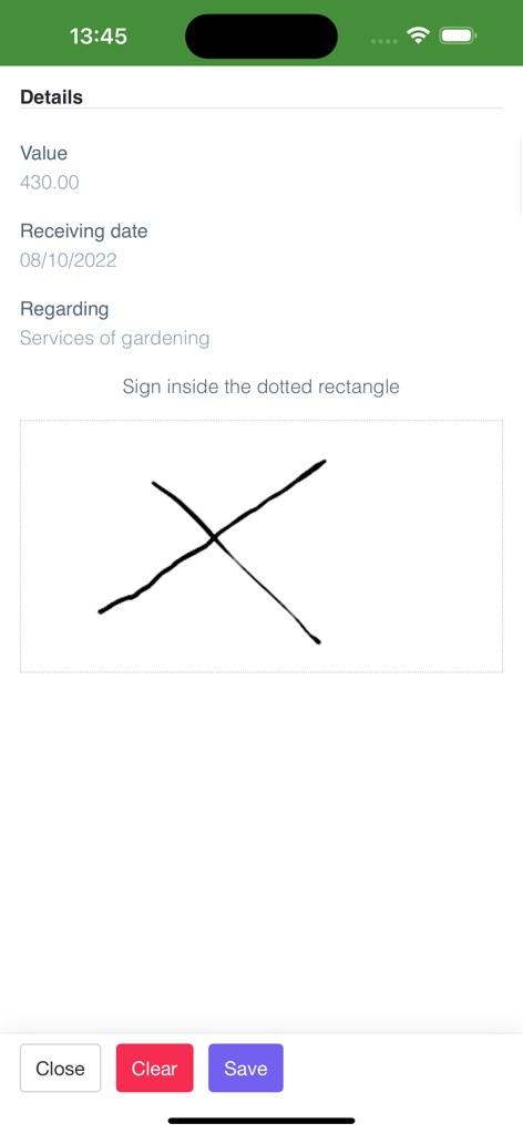 Receipt Generator v2 - Digital signature capture interface for a gardening service receipt in Receipt Generator v2
