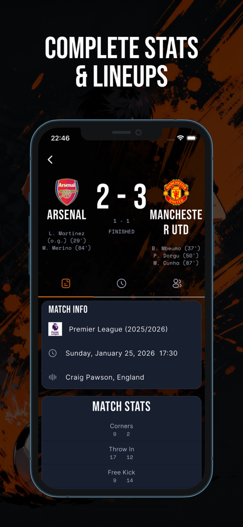 Foot Live Score: News & Videos - Detaillierter Bildschirm mit Fußballspielstatistiken und Aufstellungen, der Ergebnisse und Spieldaten anzeigt