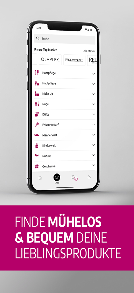 Benutzeroberfläche der Hagel-Shop-App mit Beauty-Produktkategorien und Top-Haarpflegemarken