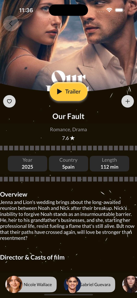 A movie detail screen for Our Fault featuring synopsis cast and rating in the Cine Galaxy app