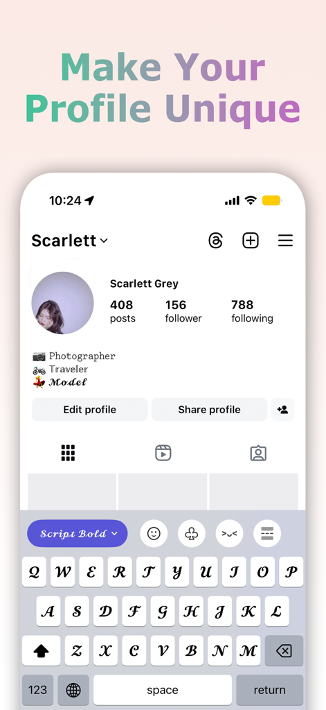 FontLab - Keyboard  for iPhone - iPhone screen showing an Instagram profile with unique bio fonts and the FontLab custom keyboard active.