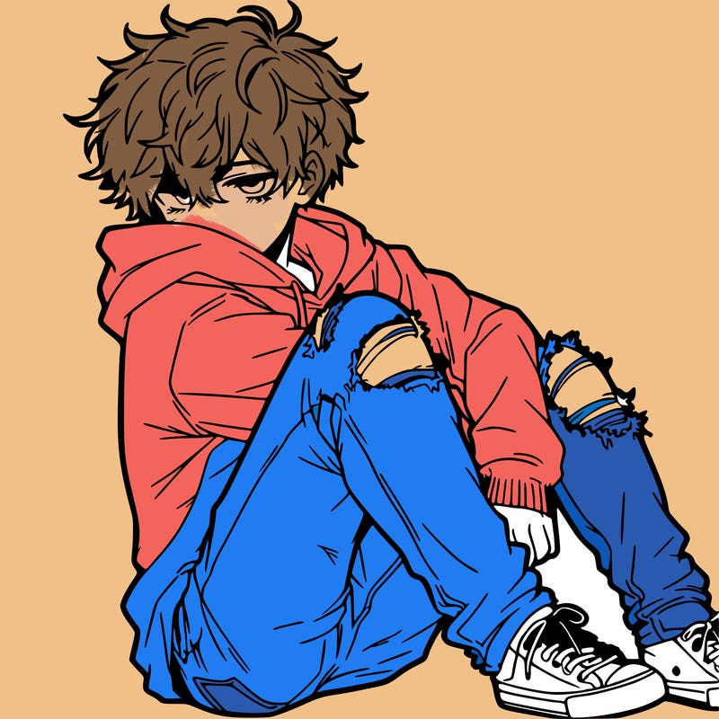 a male hoddie ripped jeans messy hair anime