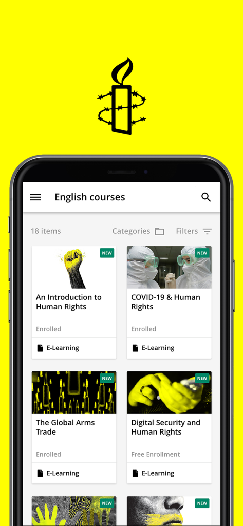 Interface do aplicativo Academia de Direitos Humanos da Anistia Internacional mostrando um catálogo de cursos de e-learning gratuitos.