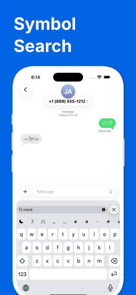 Uniboard symbol keyboard searching for moon icons in a messaging app