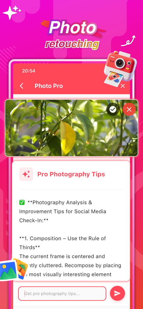 Bela - Photos & Social - Pantalla de consejos y análisis de fotografía de la aplicación Bela