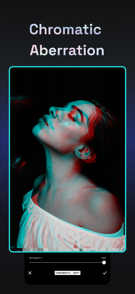 Chromatic aberration glitch effect applied to a portrait in Filterloop photo editor