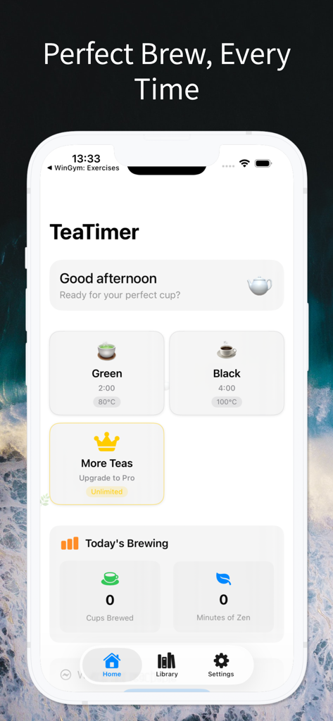 Steep: Tea Timer & Brew Guide - Steep tea timer app home screen showing tea brewing presets and daily statistics