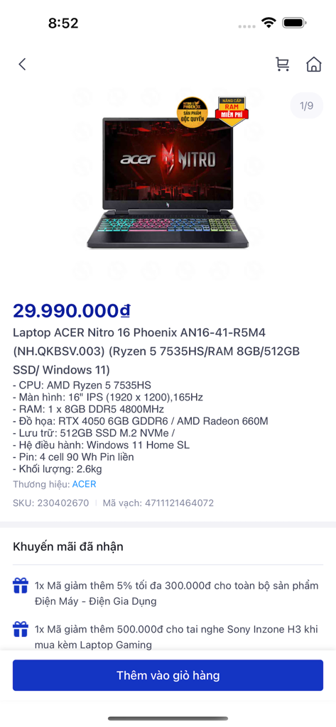 Phong Vu - Product details page for an Acer Nitro 16 gaming laptop in the Phong Vu app showing price and specifications