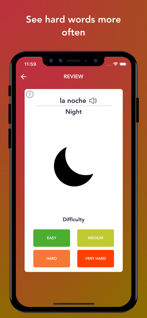 Tobo: Learn Spanish Vocabulary - Spanish vocabulary review flashcard showing the word la noche with difficulty selection buttons