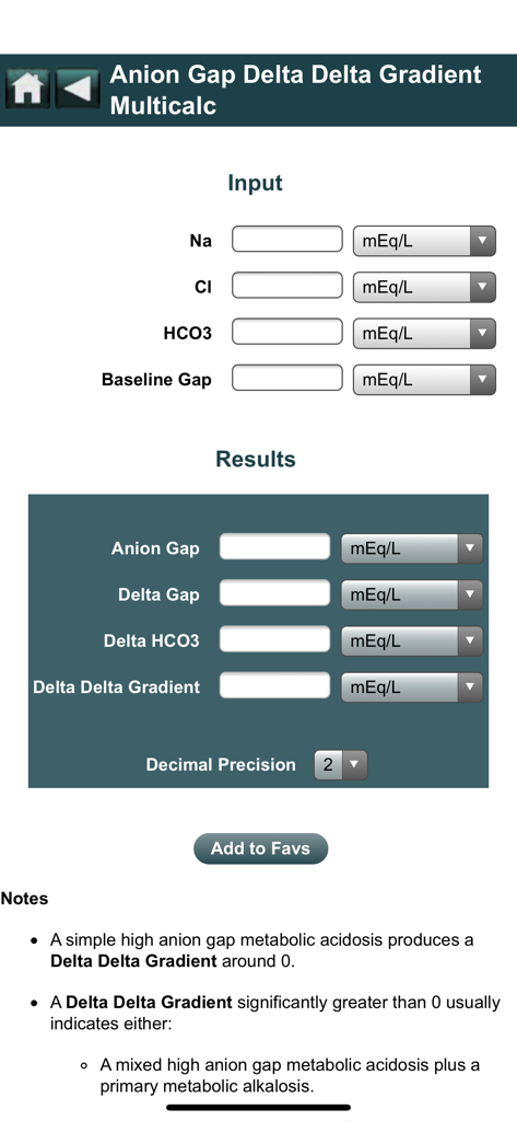 EBMcalc Kidney - Anion Gap Delta Delta Gradient calculator screen within the EBMcalc Kidney medical app showing input and results fields