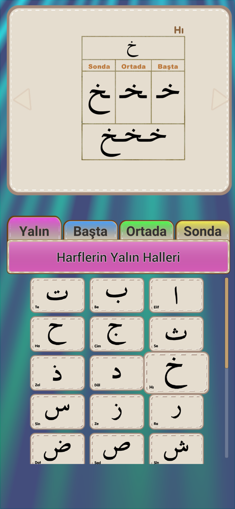 Muezzin Prayer Time Azan - An educational interface within the Muezzin app for learning Arabic letters and their different forms with Turkish labels.