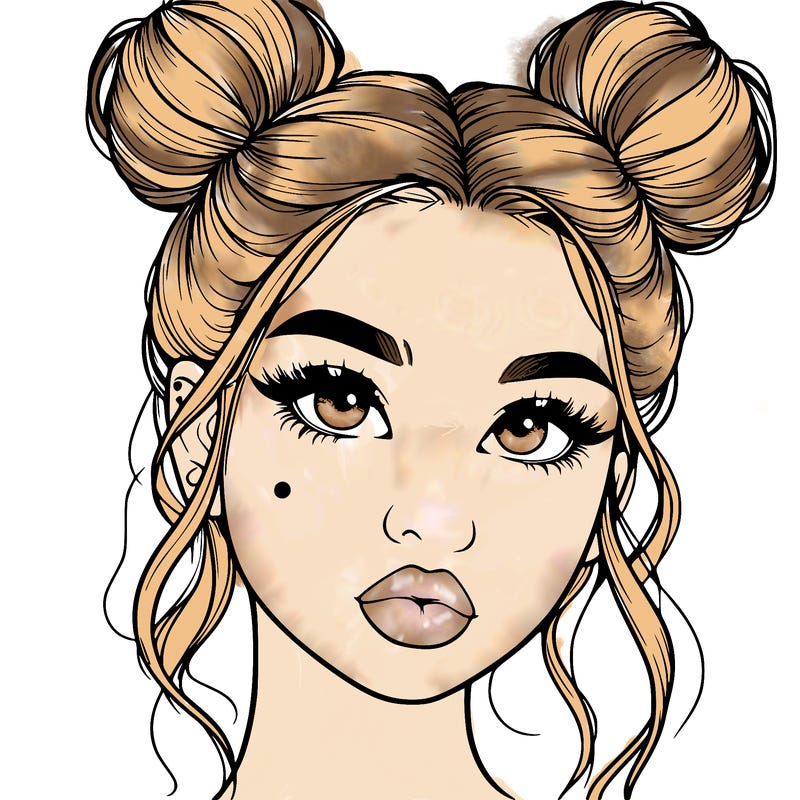 realistic girl with two buns on her hair and lips