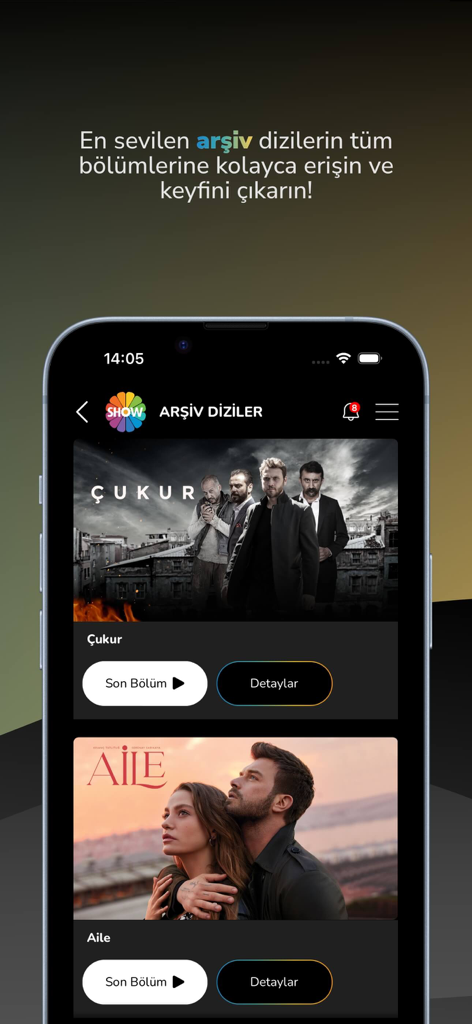 Interface of the Show TV app showing the archive series section with Turkish dramas Cukur and Aile
