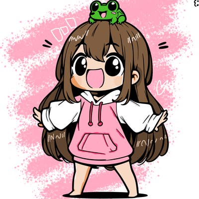 a excited chibi girl whith long hair and a baggy shirt whith a frog on there head