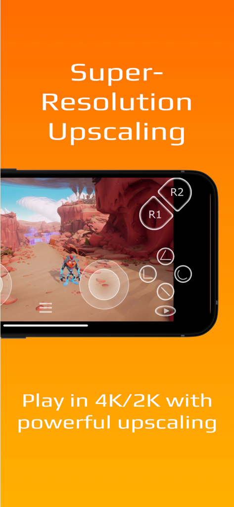 PXPlay: Remote Play - Interfaz de la aplicación móvil PXPlay que muestra un juego con escalado de super resolución y controles de botones virtuales