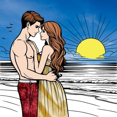 realistic woman and man at sunset on beach romantic