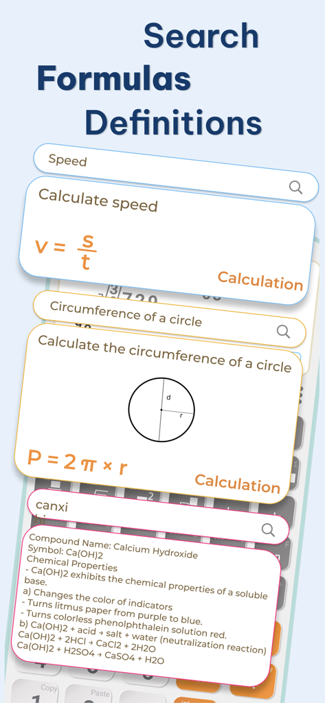 Interface showing search results for physics formulas math equations and chemistry definitions.