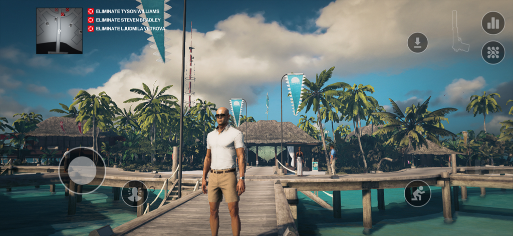 Agent 47 standing on a tropical resort pier in HITMAN World of Assassination mobile