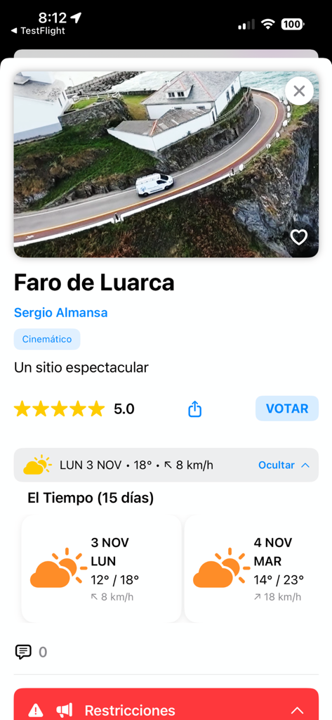 SpotItFly - Drone flight spot details for Faro de Luarca on the SpotItFly app showing weather forecast and flight restrictions