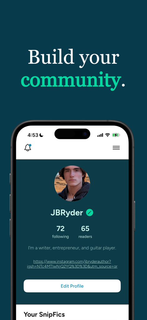 SnipFic - Pantalla de perfil de usuario de la aplicación móvil SnipFic que muestra la biografía del autor y estadísticas de la comunidad
