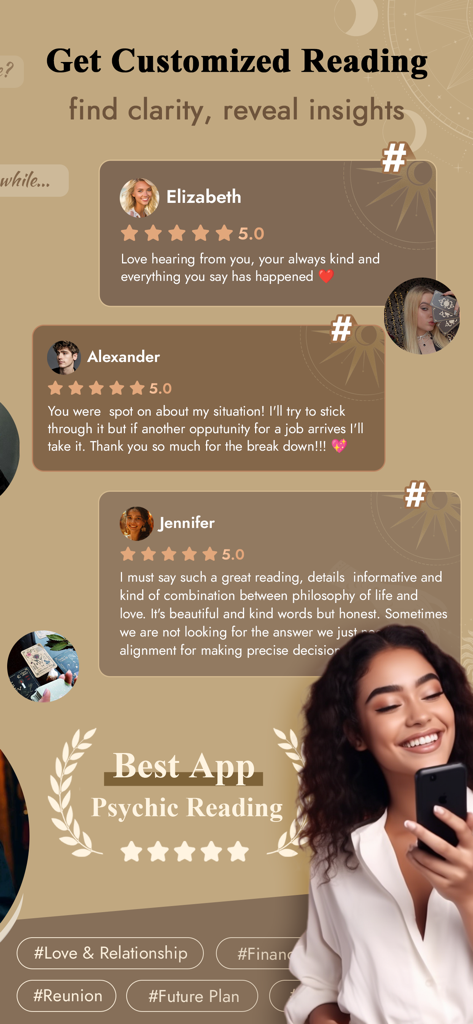 A mobile app interface for Pocket Insight showing positive user reviews and professional psychics for customized readings.