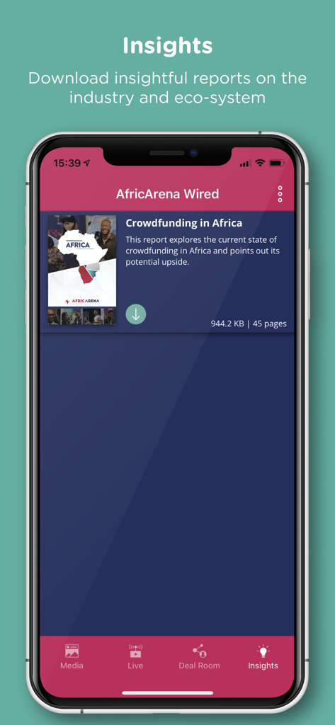 Écran Insights de l'application AfricArena Wired montrant un rapport téléchargeable sur le crowdfunding en Afrique
