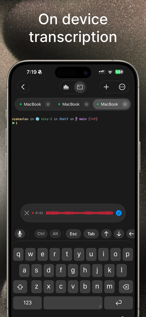 VVTerm - Terminal SSH mobile VVTerm proposant la transcription sur appareil avec une forme d'onde vocale et un clavier de développeur