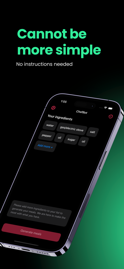 ChefBot - AI-powered recipes - ChefBot mobile app interface showing a simple ingredient input screen with a generate meals button