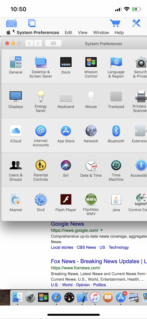 Acesso remoto às Preferências do Sistema do macOS em uma tela de iPhone usando o aplicativo Conectar Meu Computador