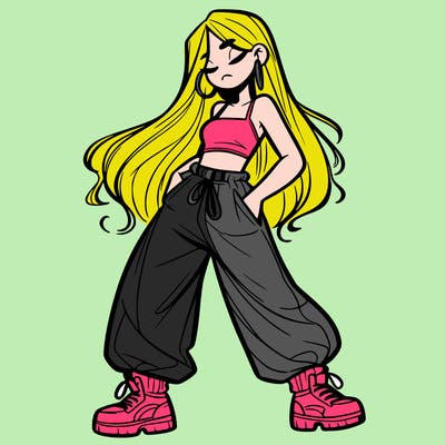 girl in baggy pants crop top and long hair