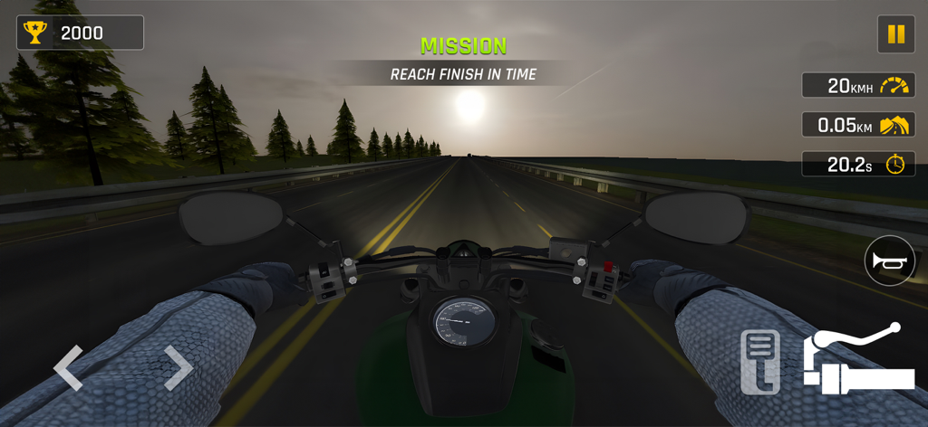 Traffic Bike 3D: City Tour - First person view of a motorcycle rider on an open road at sunset in Traffic Bike 3D