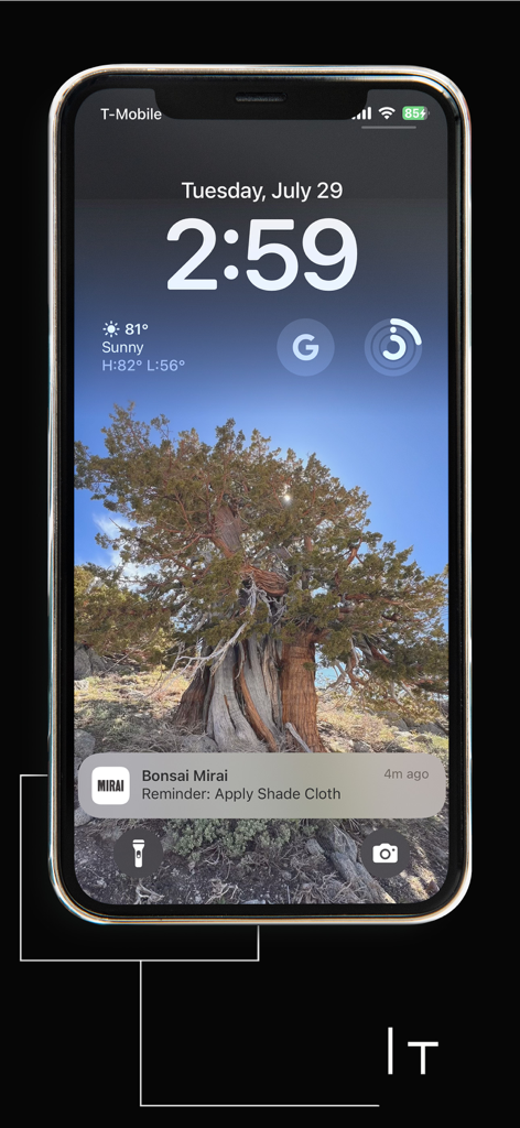 Mirai Mobile - iPhone-Sperrbildschirm, der eine Benachrichtigung der Bonsai Mirai App mit einer Erinnerung zum Anbringen von Schattentüchern für die Bonsai-Pflege anzeigt