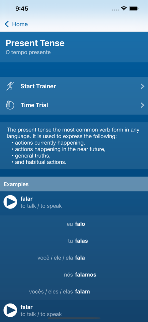 Portuguese Verbs Trainer - Portuguese Verbs Trainer app interface showing the present tense conjugation and audio button for the verb falar