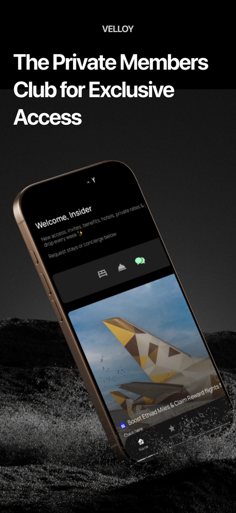 Tela inicial do aplicativo Velloy para membros de clube privado mostrando acesso exclusivo