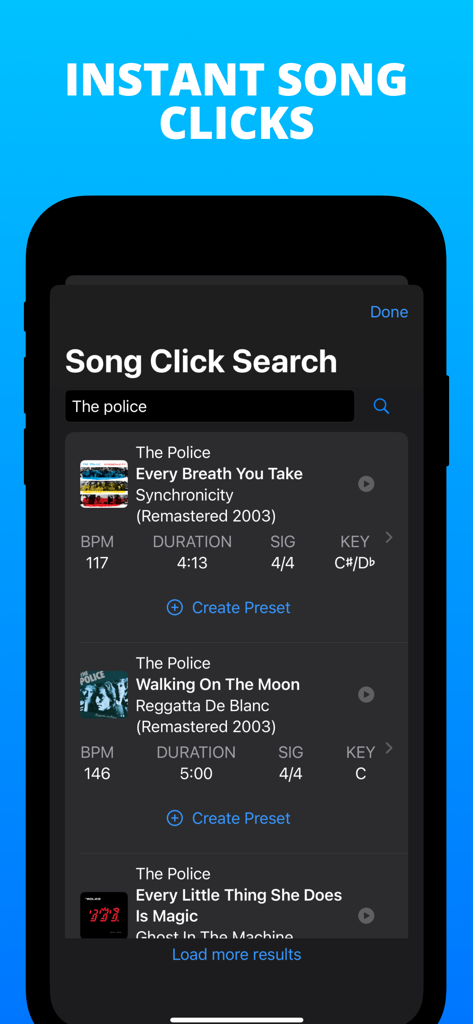 PolyNome: THE Metronome - PolyNome app screen showing the song click search feature with BPM and key details for music by The Police