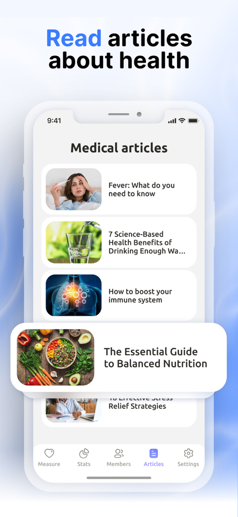 Smartphone screen showing medical articles on health topics like fever and nutrition.