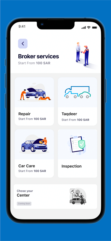 Ertah (Auto & Vehicles) - Mobile app screen showing various vehicle maintenance services like repair and car care