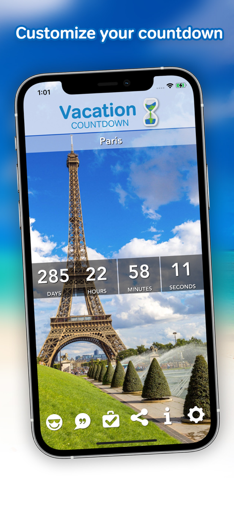 Um smartphone mostrando o App de Contagem Regressiva de Férias com um cronômetro de viagem para Paris e um fundo da Torre Eiffel.