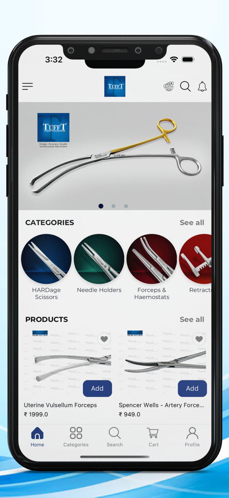 Tufft Surgical Instruments - Home screen of the Tufft Surgical Instruments app showing product categories and medical tools