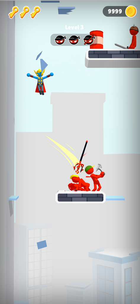 Stick Teleport 3D - A blue stickman ninja performing a teleportation strike against red enemies in a city level.