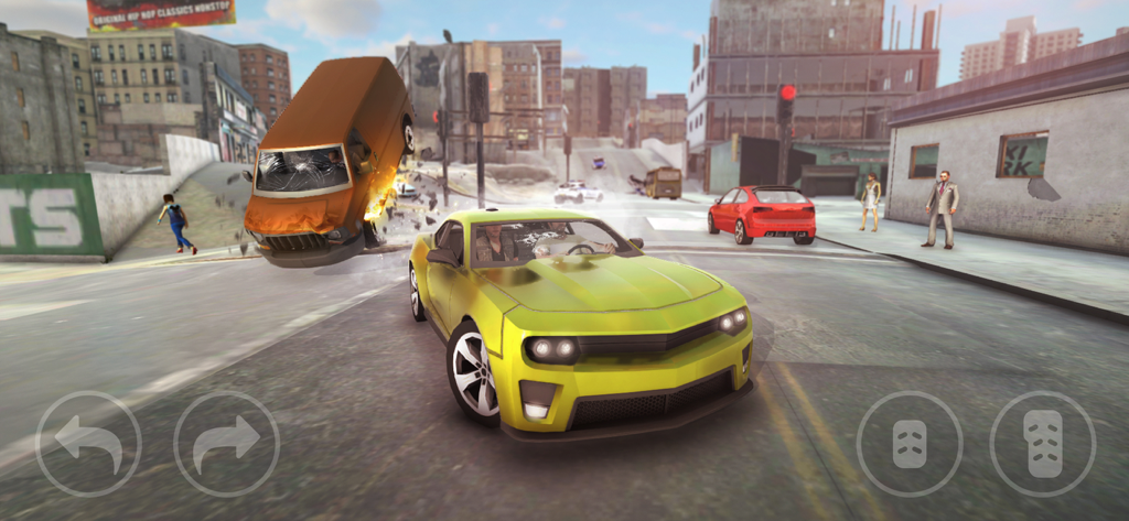 A yellow sports car driving in a city street with a van flipping in the air during gameplay.