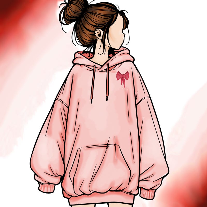 realistic girl with a oversized sweatshirt on and a bun