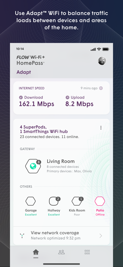 Flow Wi-Fi+ - Painel do aplicativo Flow Wi-Fi+ mostrando a velocidade da internet e a saúde da rede em diferentes cômodos.