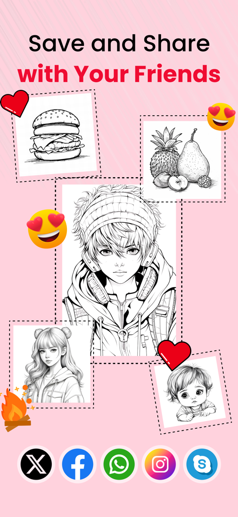 AR Drawing Sketch Paint: Trace - アニメキャラクターや食品のさまざまなスケッチと、アートを共有するためのソーシャルメディアアイコンが表示された画面。