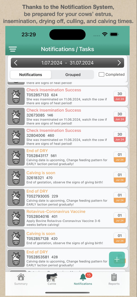 CowMaster- Herd Management App - CowMaster-App-Benachrichtigungsbildschirm mit einer Liste von Zucht- und Gesundheitsaufgaben für Vieh wie Kalbealarme und Impferinnerungen