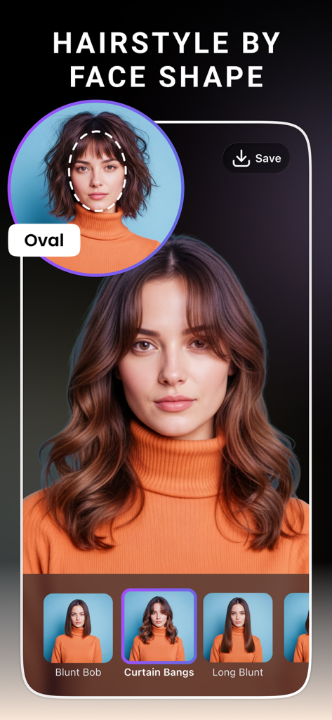 AI Hairstyle + - Interfaz de la aplicación AI Hairstyle que muestra peinados recomendados para una forma de cara ovalada